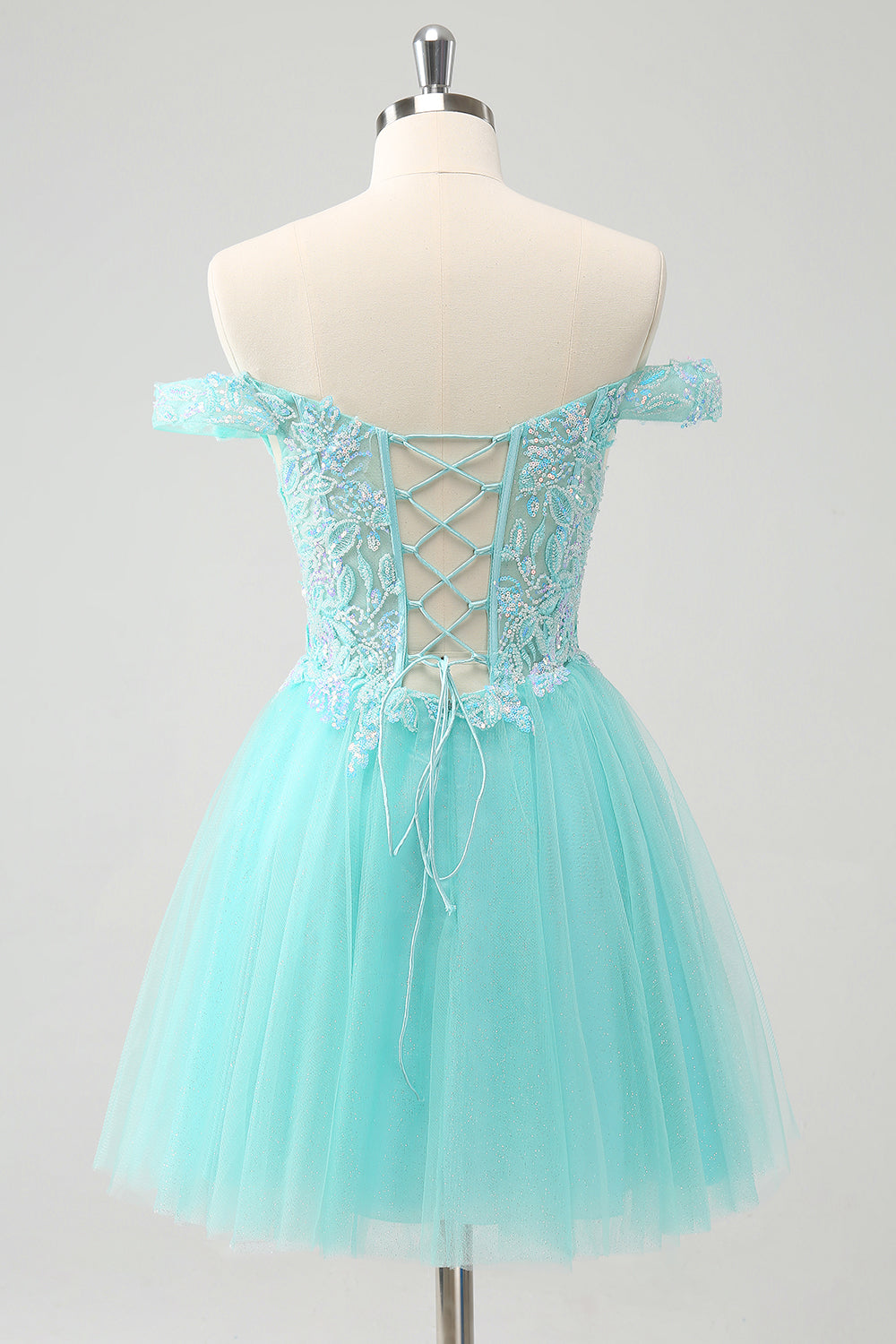 Sparkly Light Blue A Line Off The Shoulder Mini Dress - Image 2
