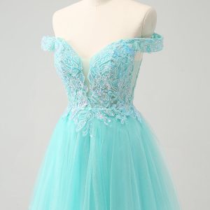 Sparkly Light Blue A Line Off The Shoulder Mini Dress - Image 3