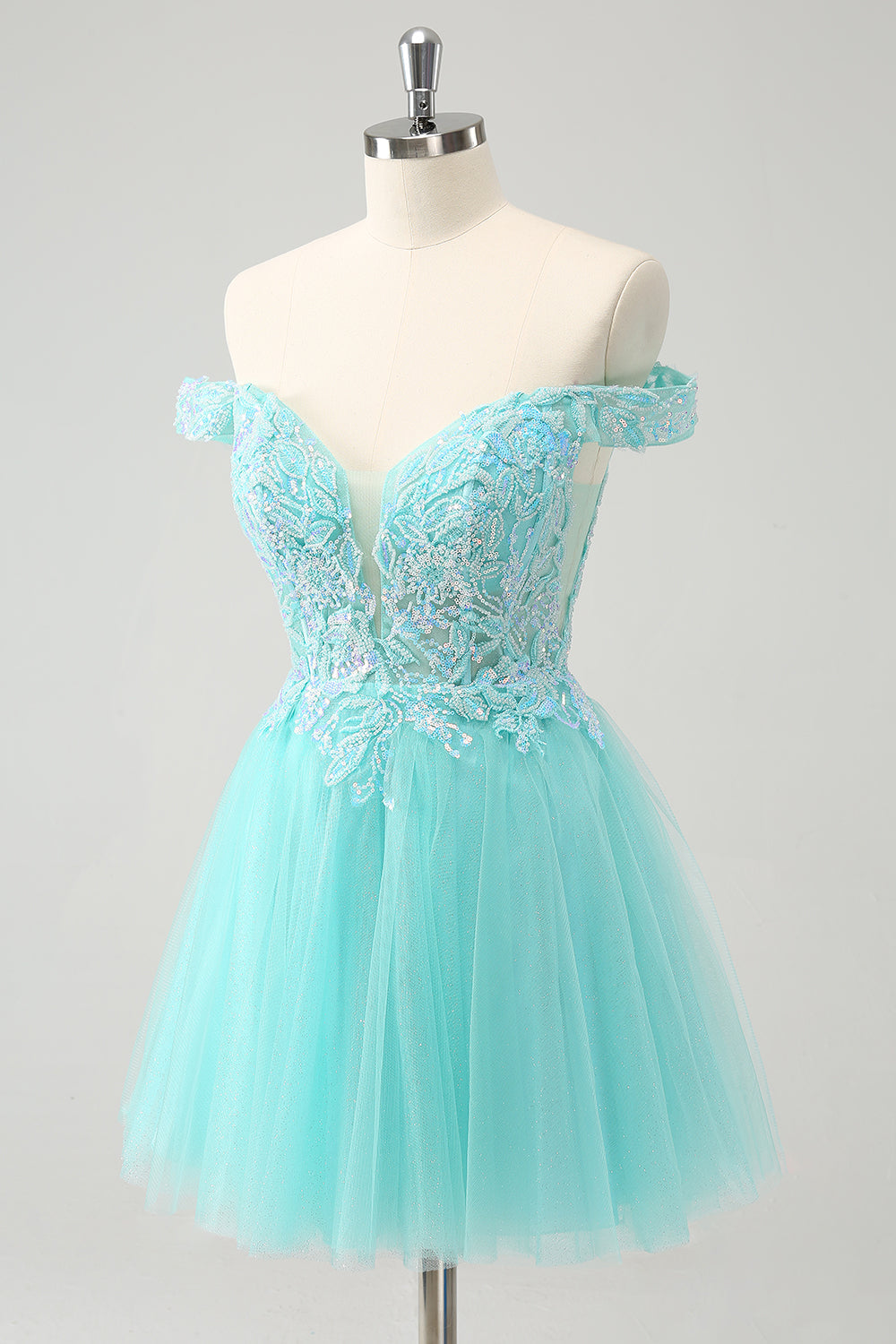 Sparkly Light Blue A Line Off The Shoulder Mini Dress - Image 3