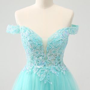 Sparkly Light Blue A Line Off The Shoulder Mini Dress - Image 4