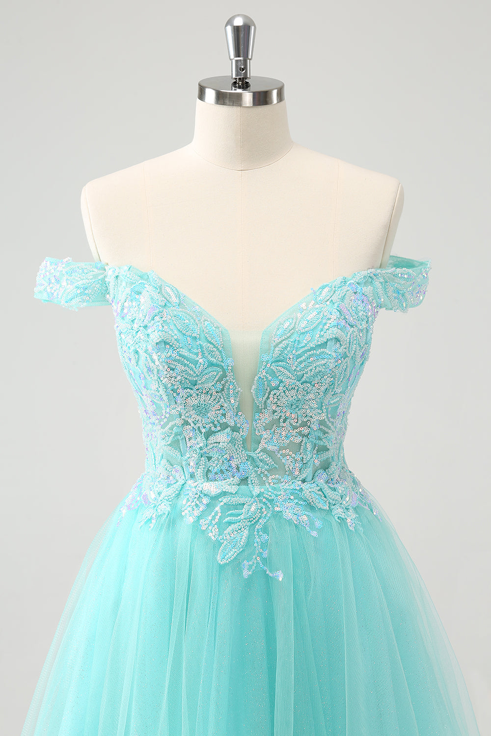 Sparkly Light Blue A Line Off The Shoulder Mini Dress - Image 4