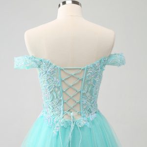 Sparkly Light Blue A Line Off The Shoulder Mini Dress - Image 5