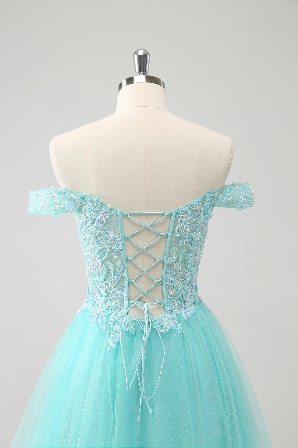 Sparkly Light Blue A Line Off The Shoulder Mini Dress - Image 5