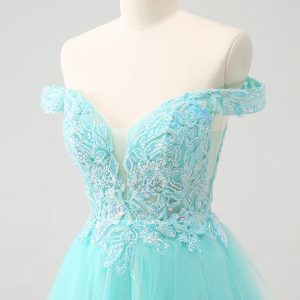 Sparkly Light Blue A Line Off The Shoulder Mini Dress - Image 6