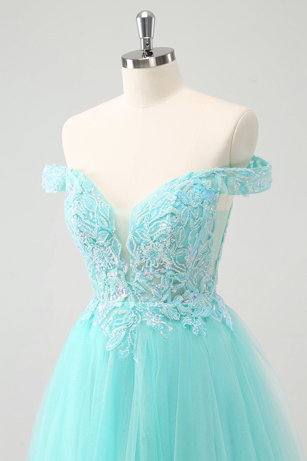 Sparkly Light Blue A Line Off The Shoulder Mini Dress - Image 6