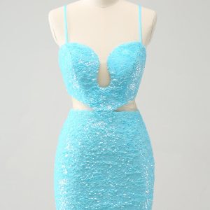 Sparkly Light Blue Spaghetti Straps Sequin Tight Mini Dress with Hollow Out - Image 1