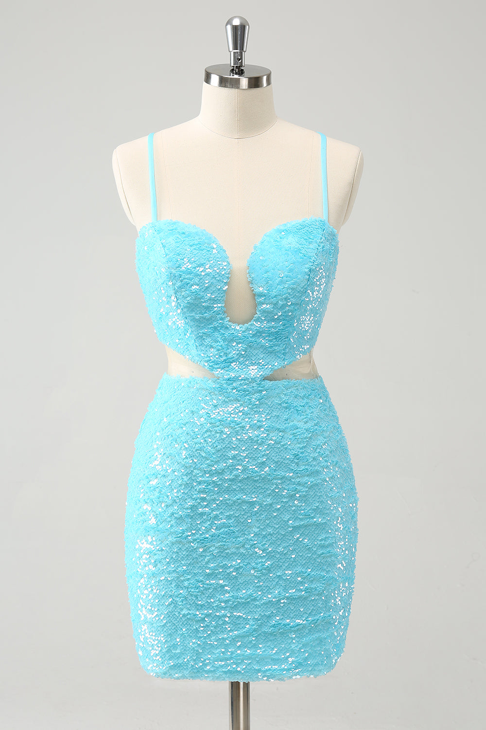 Sparkly Light Blue Spaghetti Straps Sequin Tight Mini Dress with Hollow Out - Image 1