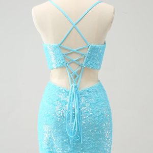 Sparkly Light Blue Spaghetti Straps Sequin Tight Mini Dress with Hollow Out - Image 2