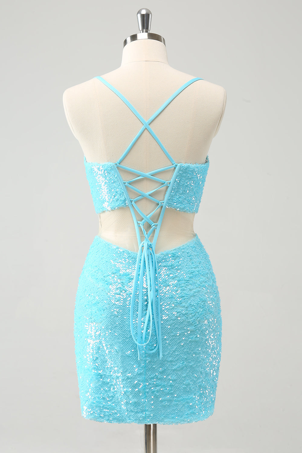 Sparkly Light Blue Spaghetti Straps Sequin Tight Mini Dress with Hollow Out - Image 2