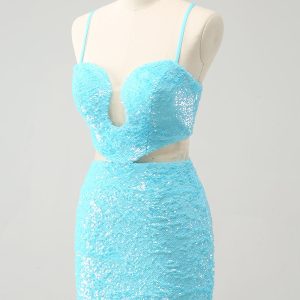 Sparkly Light Blue Spaghetti Straps Sequin Tight Mini Dress with Hollow Out - Image 3