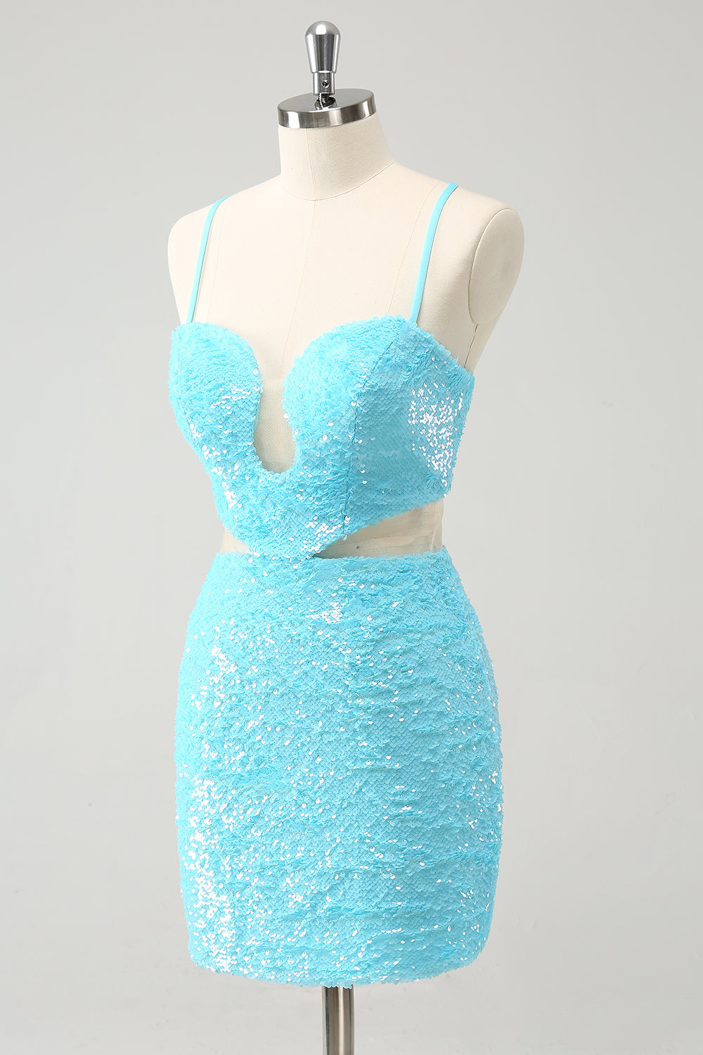 Sparkly Light Blue Spaghetti Straps Sequin Tight Mini Dress with Hollow Out - Image 3
