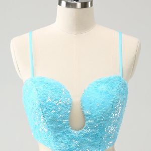 Sparkly Light Blue Spaghetti Straps Sequin Tight Mini Dress with Hollow Out - Image 4