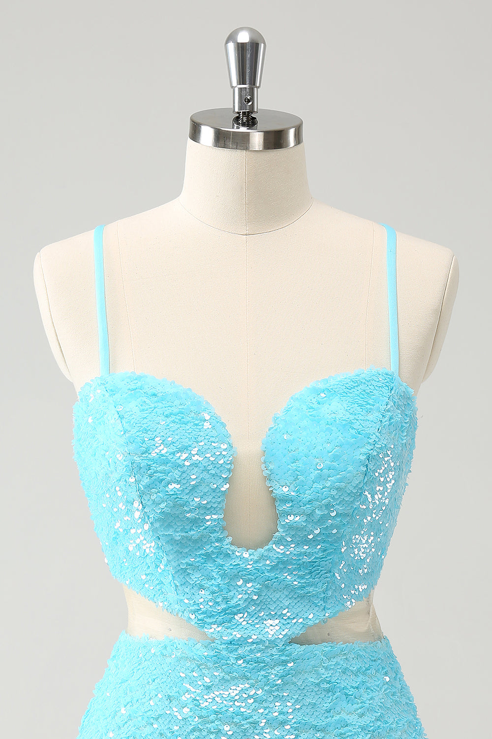 Sparkly Light Blue Spaghetti Straps Sequin Tight Mini Dress with Hollow Out - Image 4