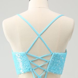 Sparkly Light Blue Spaghetti Straps Sequin Tight Mini Dress with Hollow Out - Image 5