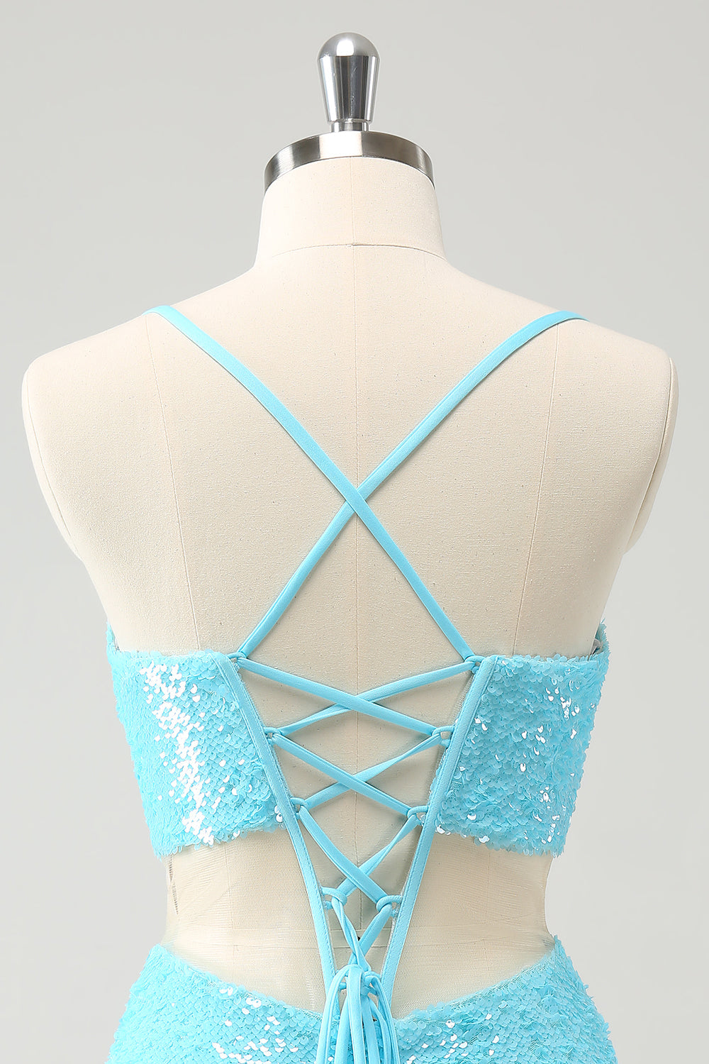 Sparkly Light Blue Spaghetti Straps Sequin Tight Mini Dress with Hollow Out - Image 5