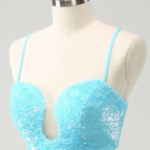 Sparkly Light Blue Spaghetti Straps Sequin Tight Mini Dress with Hollow Out - Image 6