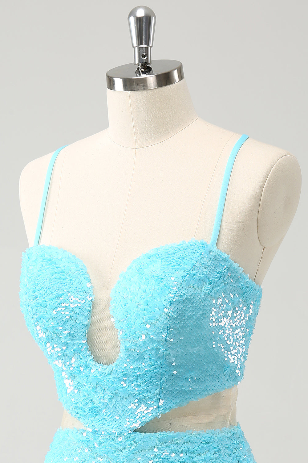Sparkly Light Blue Spaghetti Straps Sequin Tight Mini Dress with Hollow Out - Image 6