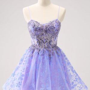Sparkly Lilac A Line Spaghetti Straps Mini Dress with Sequins - Image 1