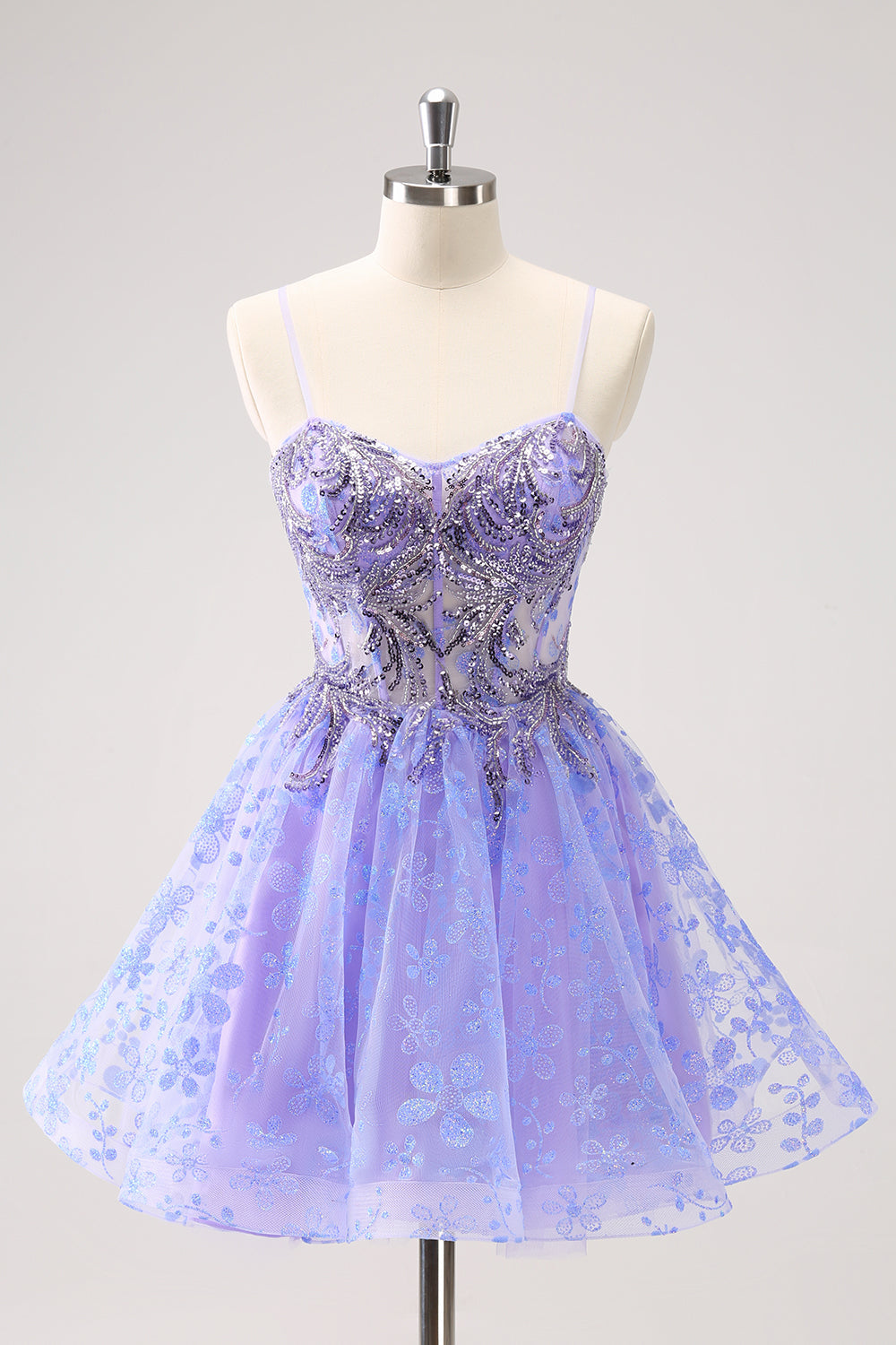 Sparkly Lilac A Line Spaghetti Straps Mini Dress with Sequins - Image 1