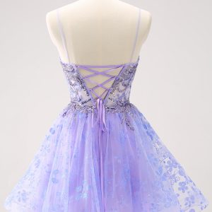 Sparkly Lilac A Line Spaghetti Straps Mini Dress with Sequins - Image 2
