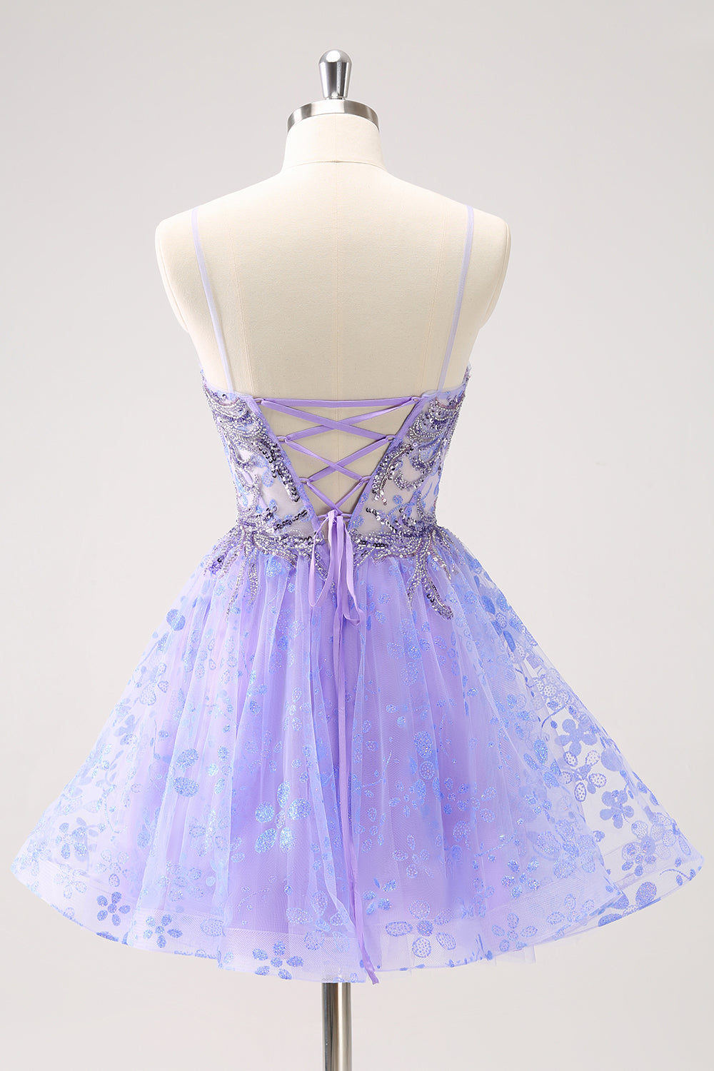 Sparkly Lilac A Line Spaghetti Straps Mini Dress with Sequins - Image 2