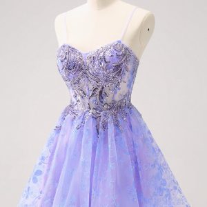 Sparkly Lilac A Line Spaghetti Straps Mini Dress with Sequins - Image 3