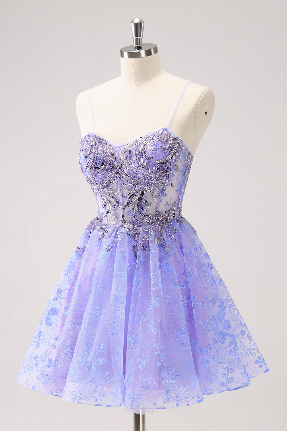 Sparkly Lilac A Line Spaghetti Straps Mini Dress with Sequins - Image 3
