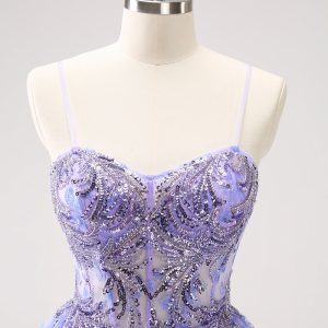 Sparkly Lilac A Line Spaghetti Straps Mini Dress with Sequins - Image 4