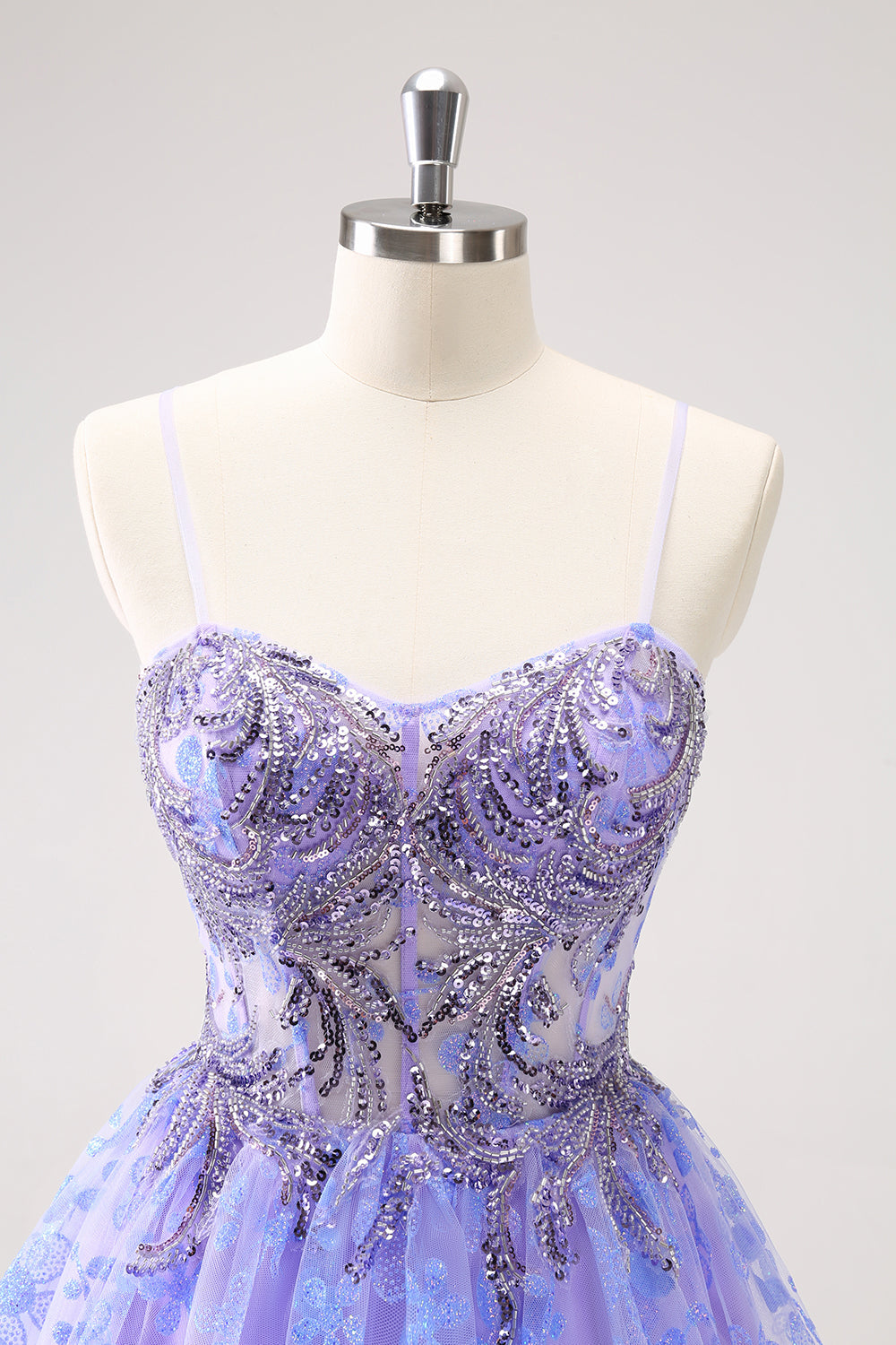 Sparkly Lilac A Line Spaghetti Straps Mini Dress with Sequins - Image 4