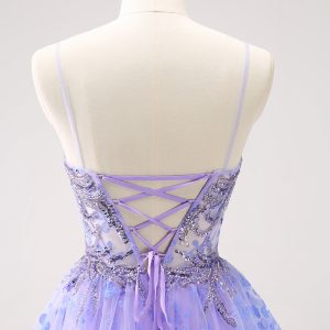Sparkly Lilac A Line Spaghetti Straps Mini Dress with Sequins - Image 5