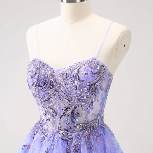 Sparkly Lilac A Line Spaghetti Straps Mini Dress with Sequins - Image 6