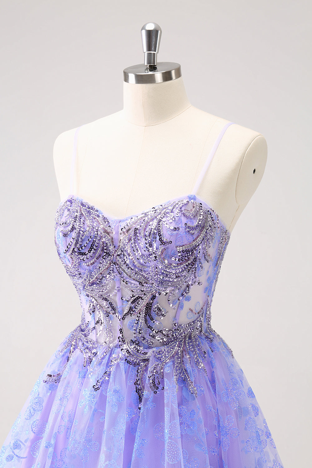 Sparkly Lilac A Line Spaghetti Straps Mini Dress with Sequins - Image 6