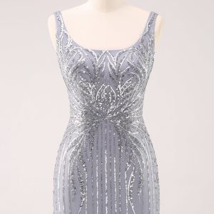 Sparkly Grey Square Neck Tight Mini Dress with Sequins - Image 1