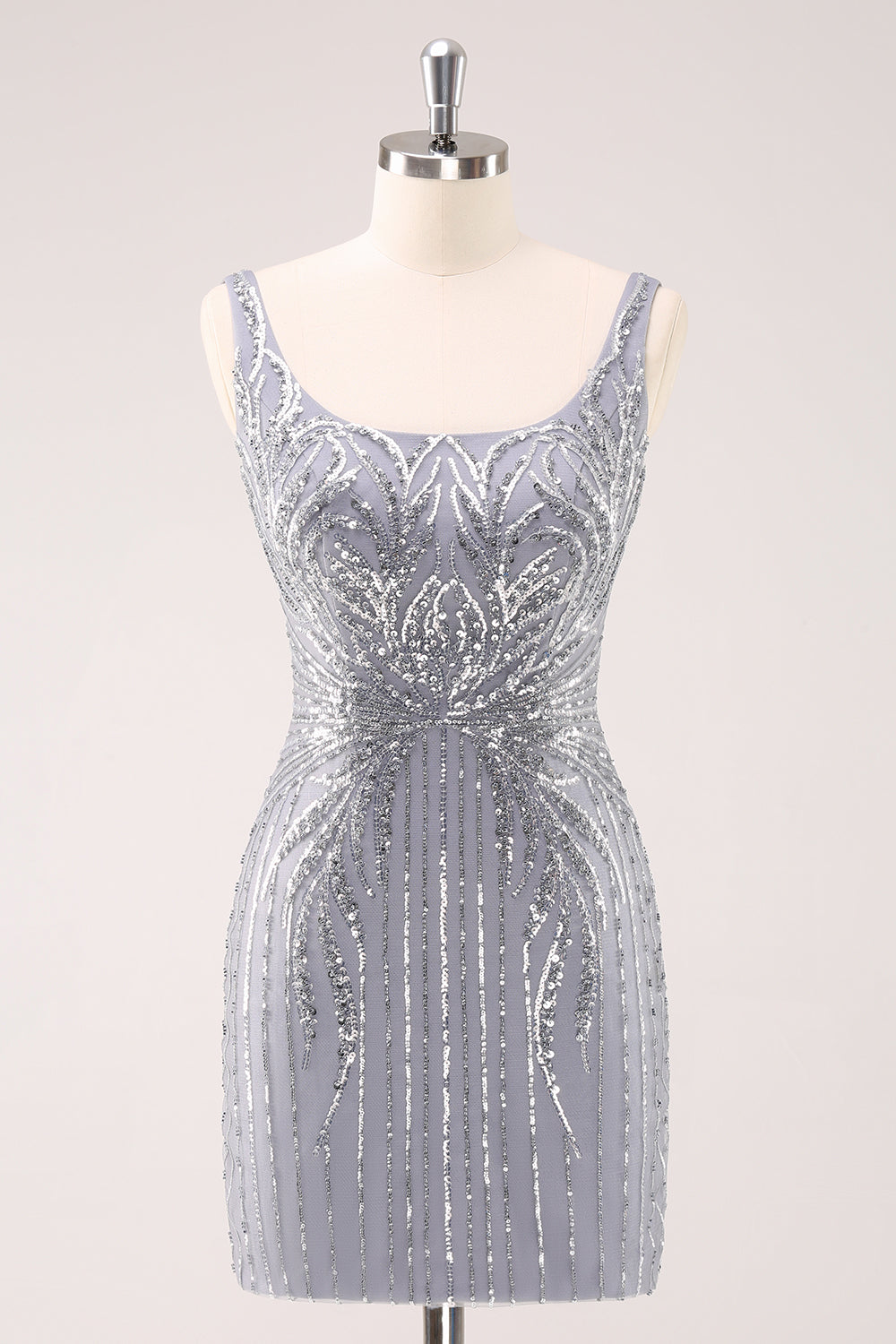 Sparkly Grey Square Neck Tight Mini Dress with Sequins - Image 1