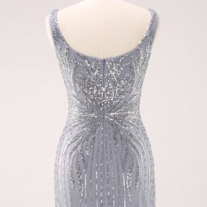 Sparkly Grey Square Neck Tight Mini Dress with Sequins - Image 2