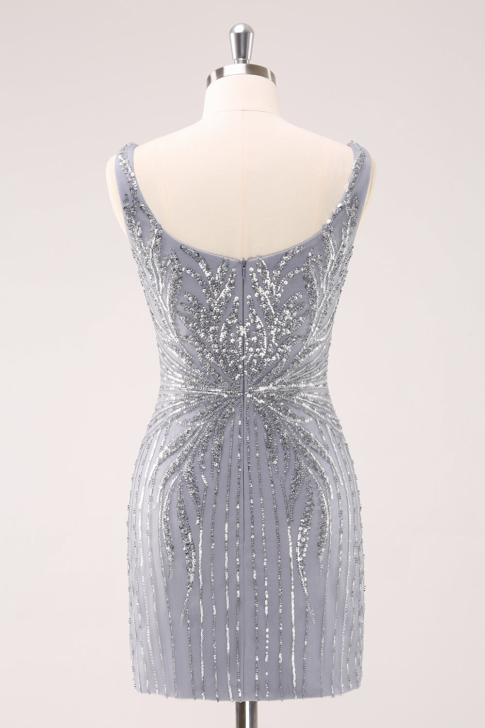 Sparkly Grey Square Neck Tight Mini Dress with Sequins - Image 2