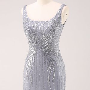 Sparkly Grey Square Neck Tight Mini Dress with Sequins - Image 3