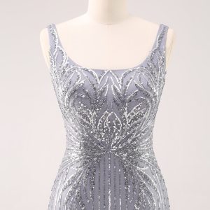 Sparkly Grey Square Neck Tight Mini Dress with Sequins - Image 4