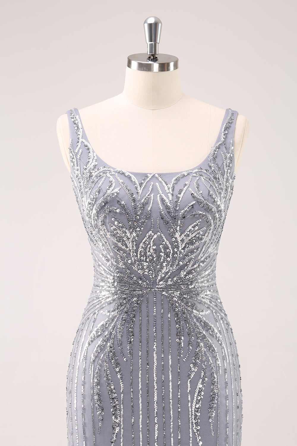 Sparkly Grey Square Neck Tight Mini Dress with Sequins - Image 4