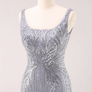 Sparkly Grey Square Neck Tight Mini Dress with Sequins - Image 6