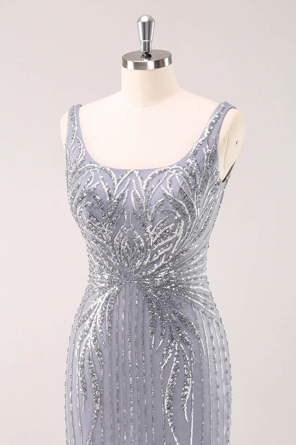 Sparkly Grey Square Neck Tight Mini Dress with Sequins - Image 6