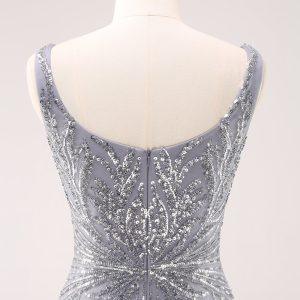 Sparkly Grey Square Neck Tight Mini Dress with Sequins - Image 5
