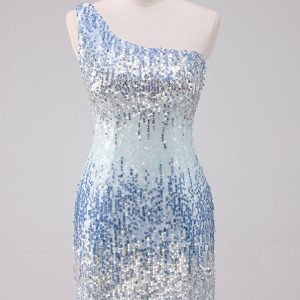 Sparkly Light Blue One Shoulder Sequins Bodycon Mini Dress - Image 1