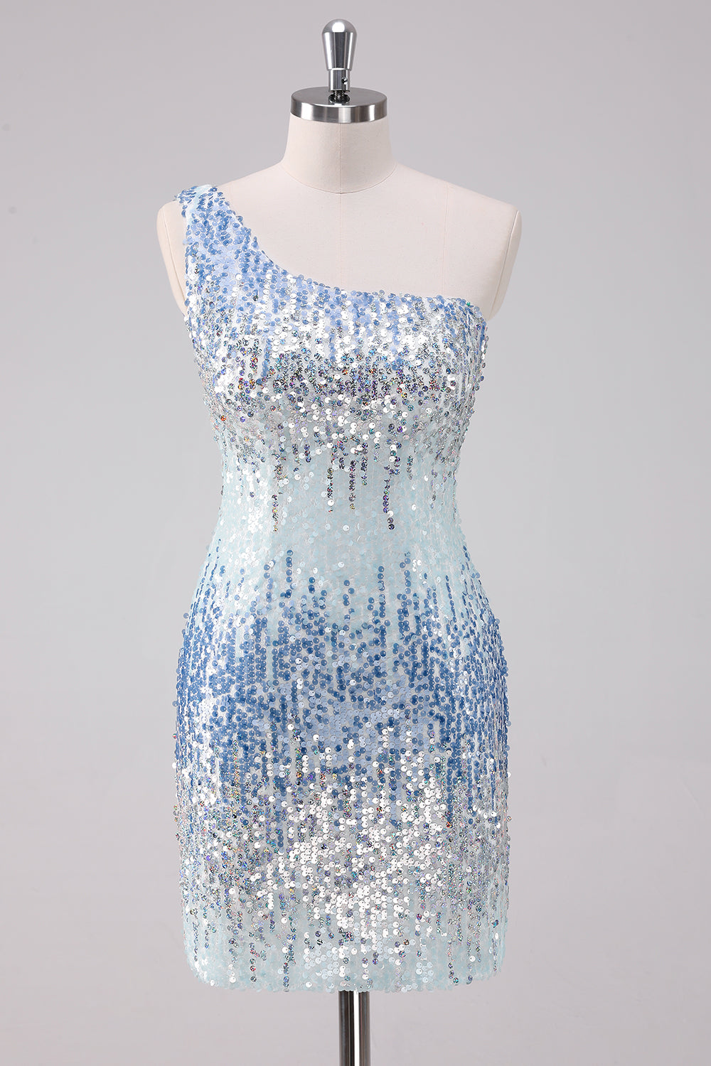 Sparkly Light Blue One Shoulder Sequins Bodycon Mini Dress - Image 1