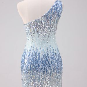 Sparkly Light Blue One Shoulder Sequins Bodycon Mini Dress - Image 2