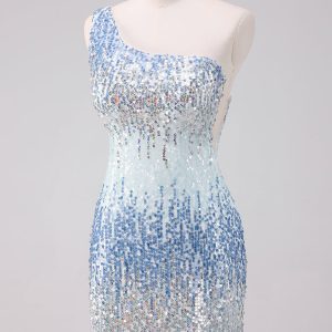 Sparkly Light Blue One Shoulder Sequins Bodycon Mini Dress - Image 3