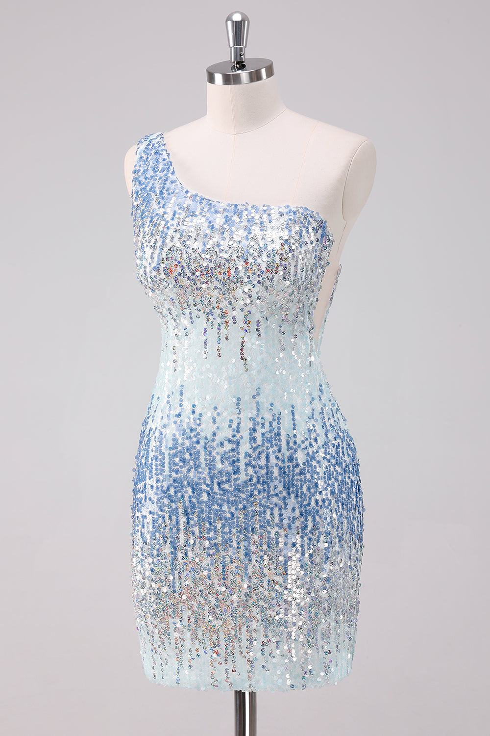 Sparkly Light Blue One Shoulder Sequins Bodycon Mini Dress - Image 3