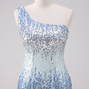 Sparkly Light Blue One Shoulder Sequins Bodycon Mini Dress - Image 4