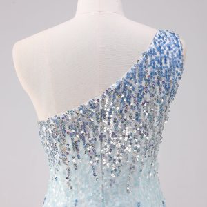 Sparkly Light Blue One Shoulder Sequins Bodycon Mini Dress - Image 5