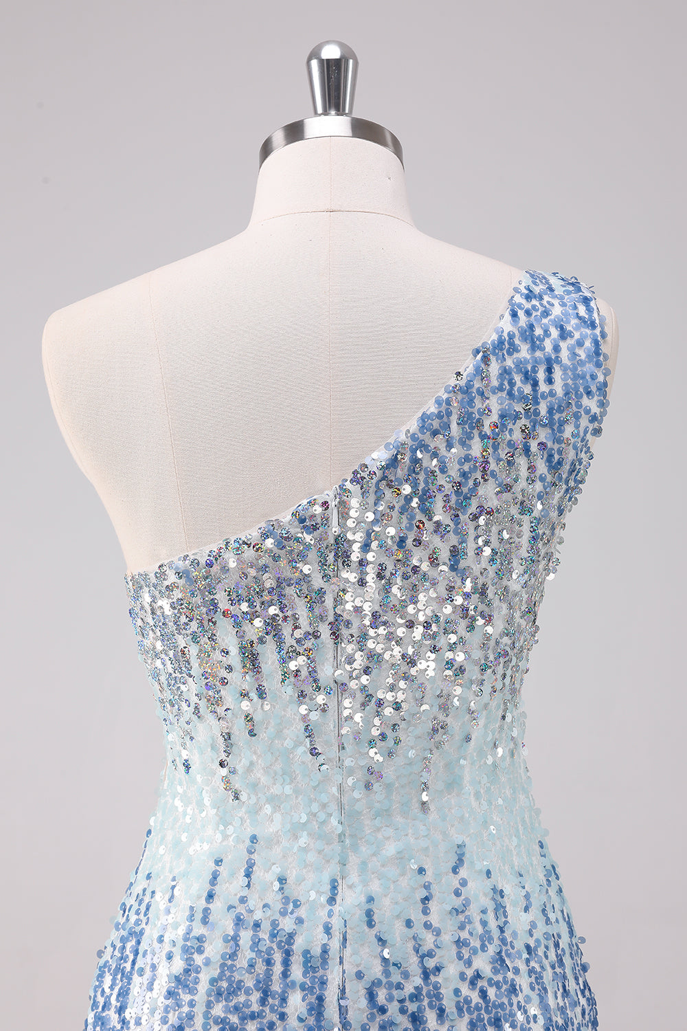 Sparkly Light Blue One Shoulder Sequins Bodycon Mini Dress - Image 5